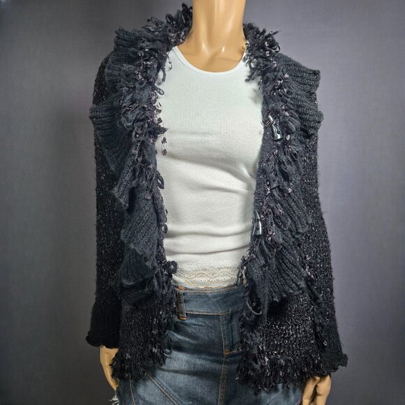 Y2K Black Shaggy Ruffled Cardigan Size S Boho Gothic Fairy Grunge Whimsigoth - Picture 3 of 14